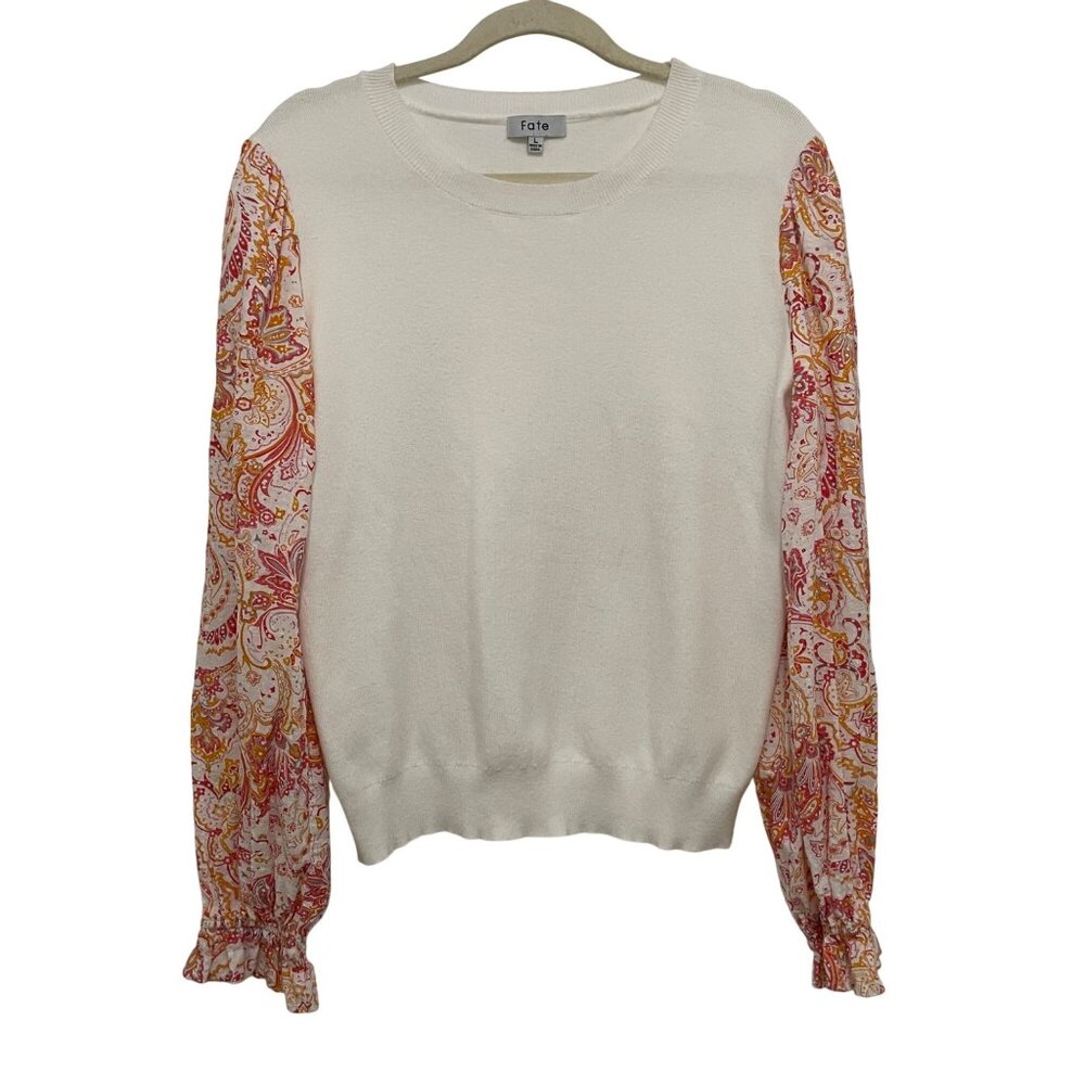 Fate Sweater Women Large White Paisley Print Puff Sleeve Peasant Cottagecore